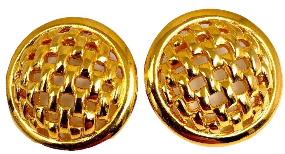 Vintage Gold Tone Woven Dome Earrings Chunky Button Studs Old Money Chic 1980s